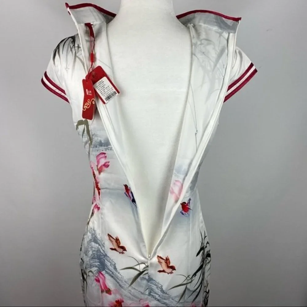 Sigi Chinese Traditional Floral Dress Womens Small White Red Slim Fit Midi Dress - Picture 4 of 6